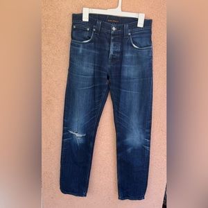 Nudie Button Fly Straight Leg Jeans Men's Size 32 X 34 dark Wash Blue Denim